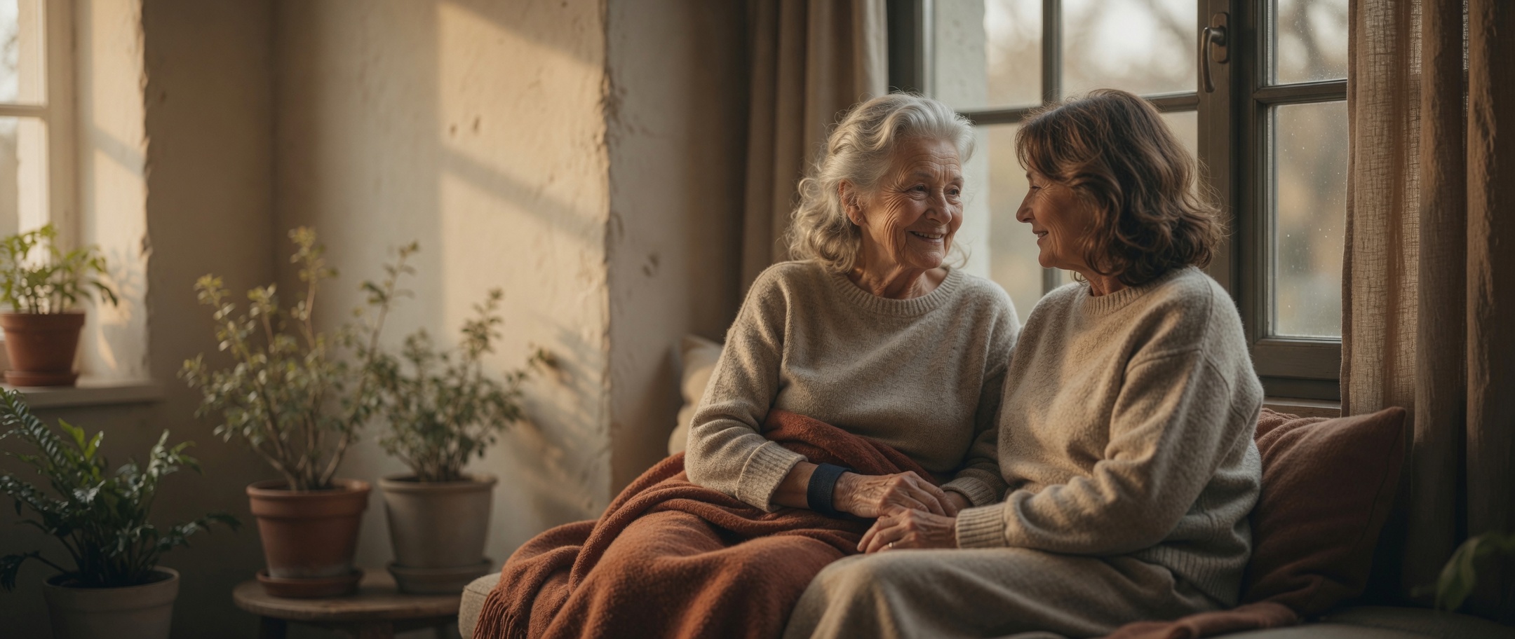 A senior woman and her daughter sitting together by a window, wearing the Silver bracelet